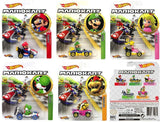 Hot Wheels Mario Kart 1:64 die-cast karts featuring Mario, Luigi, Peach, Yoshi, and Bowser in collectible packaging.