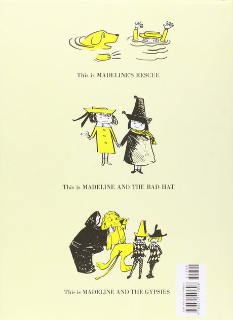 Back cover illustrations from the Madeline book showing rescue, bad hat, and gypsies scenes in a friendly style.