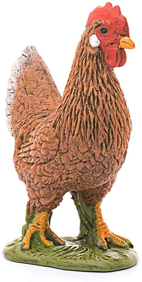 Hen figurine with detailed brown feathers and red comb standing on green base, measuring 1.7 x 1 x 2.2 inches.