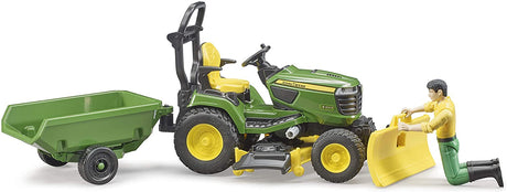 Gardener & Lawn Tractor with detailed sit-on mower, tilting trailer, and figure using gardening tools for lawn care playset.