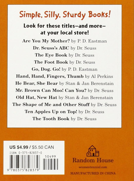 Back cover of Hop on Pop showing other simple, silly, sturdy book titles and price information.