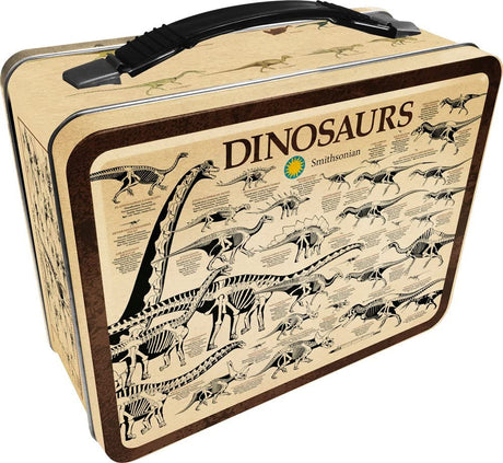 Dinosaurs Tin Fun Box featuring 3D embossed dinosaur illustrations, sturdy handle, and latch, perfect for storage and play.