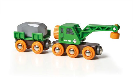 Clever Crane Wagon with green crane and detachable rock load, perfect for BRIO train tracks and ages 3 plus.