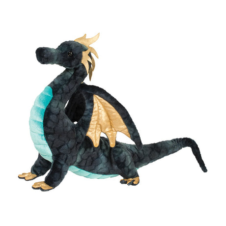 Dragon Aragon plush toy with navy textured scales, turquoise underside, and metallic gold wings and accents.