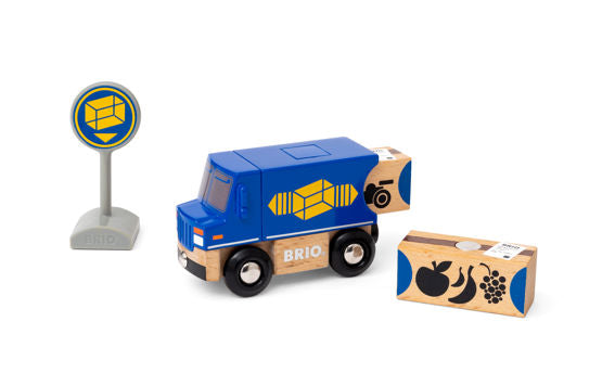 Blue toy Delivery Truck with wooden cargo and a delivery spot sign, perfect for imaginative play.