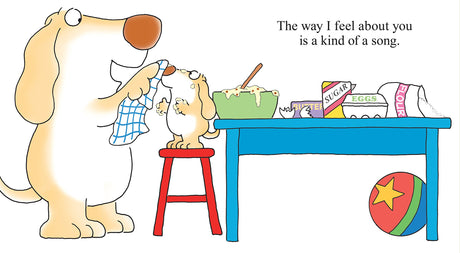 Illustration from Snuggle Puppy showing a dog and puppy baking together with ingredients and a colorful ball nearby.