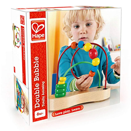 Double Bubble Bead Maze with colorful wooden beads and suction cups for engaging toddler play and learning.