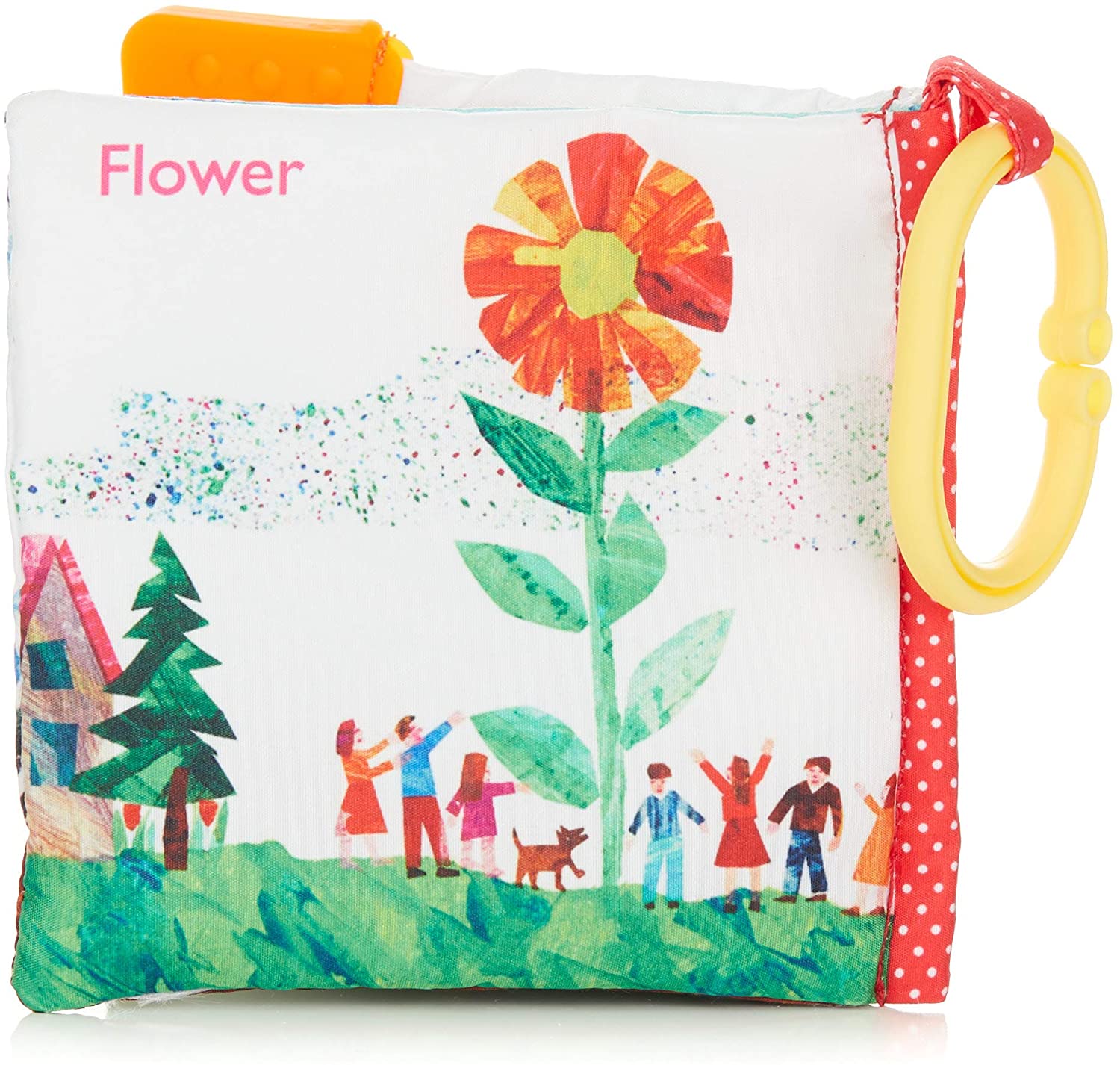 Eric Carle The Tiny Seed Soft Book with colorful flower illustration and attached yellow teether ring for baby.