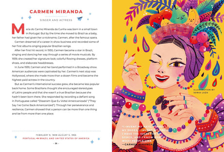 Good Night Stories for Rebel Girls: 100 Immigrant Women Who Changed the World book page featuring Carmen Miranda illustration and biography.
