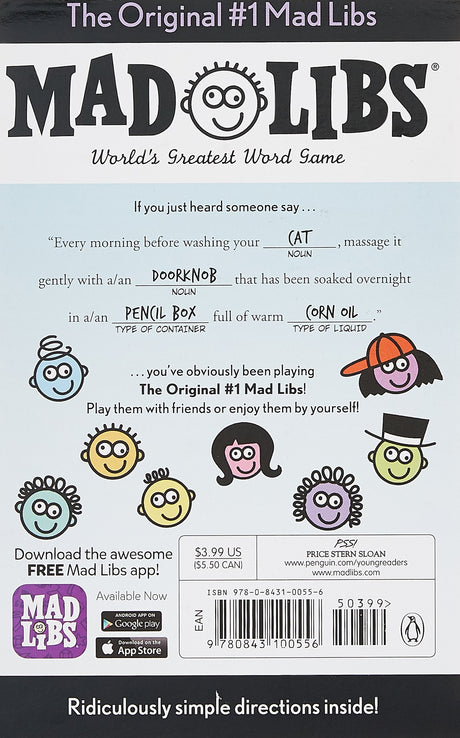 Mad Libs Original #1 word game back cover with example story, characters, and app download info.