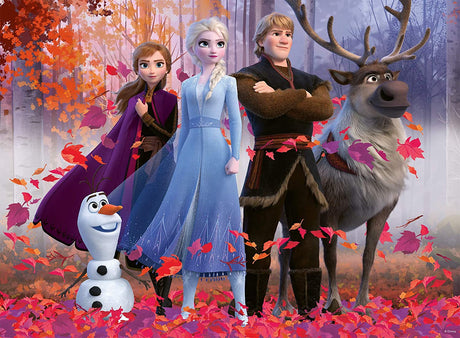 100pc Frozen Magic Forest Puzzle featuring animated characters in a colorful autumn forest scene with falling leaves.