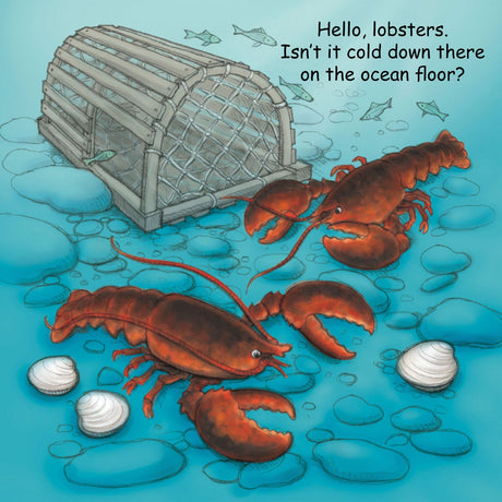 Good Night Maine board book illustration with lobsters, lobster trap, ocean floor, and sea shells in a friendly underwater scene.
