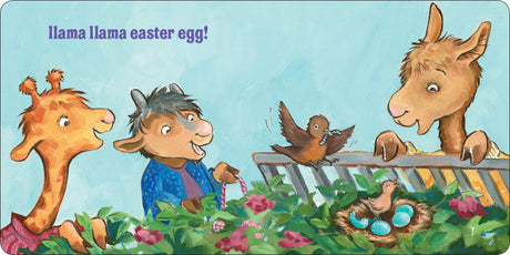 Llama Llama Easter Egg board book illustration showing animals discovering colorful Easter eggs in a garden.