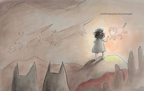 Over the Moon illustration showing a girl with wolves and cave drawings symbolizing growth and family love.