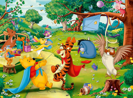 100pc Pooh to the Rescue Puzzle shows Pooh, Tigger, and friends in superhero capes rescuing Piglet from a tree with a kite.