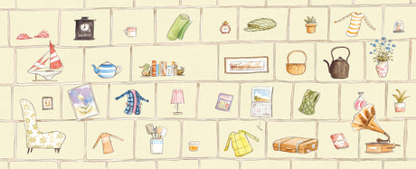 Illustration of various household items on shelves for Norton and the Borrowing Bear children's book cover.