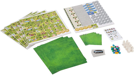 Meeple Land board game set with illustrated attraction boards, meeple tokens, cards, and game pieces for 2-4 players ages 8+.