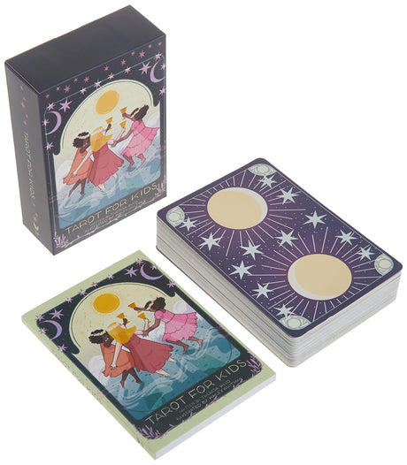 Tarot for Kids deck showing colorful illustrated box, guidebook, and starry card backs, designed for children aged 8 and up.