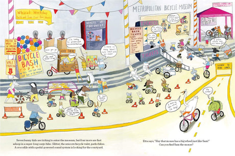 Bicycle Bash book illustration showing a lively indoor bike party at the Metropolitan Bicycle Museum with animals riding various bikes.