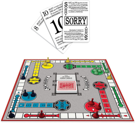 Classic Sorry board game with colorful pawns on start and home spaces along with Sorry cards displayed.