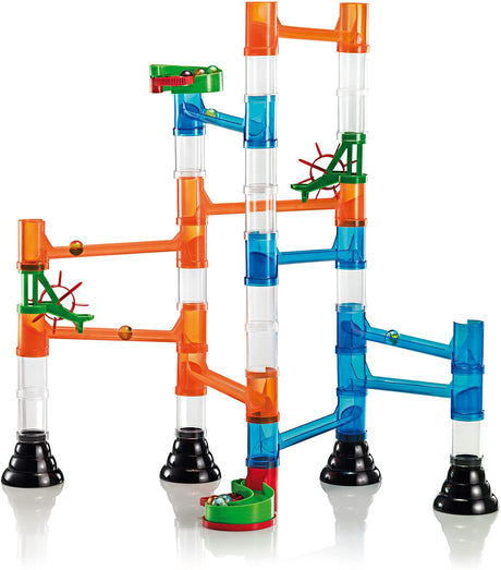 Migoga Marble Run colorful starter set for kids with spinning wheels and clear tubes for marble play and learning.