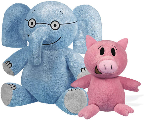 Elephant & Piggie plushies, soft blue elephant with glasses and pink pig, perfect for cuddling and storytelling.