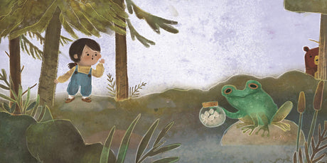 Illustration from Awasis and the World Famous Bannock showing Awâsis talking to a frog with other animals nearby in a forest setting.