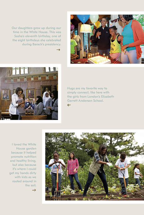 Becoming - Adapted for Young Readers showing Michelle Obama with children celebrating and gardening activities.