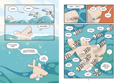 Pages from Surviving the Wild: Sunny the Shark showing Shark and pilot fish underwater conversation in graphic novel style.