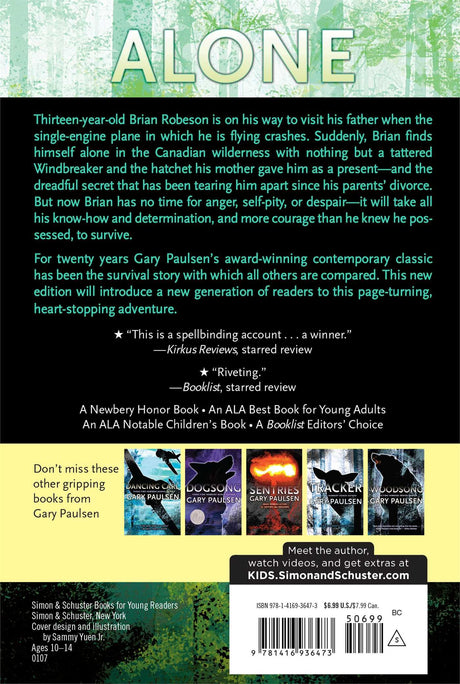 Back cover of Hatchet book showing summary of Brian's survival story in the Canadian wilderness.