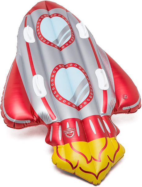 Snow Tube for 2 | Rocket Ship inflatable sled in red and silver with two seating areas and grips for winter fun.