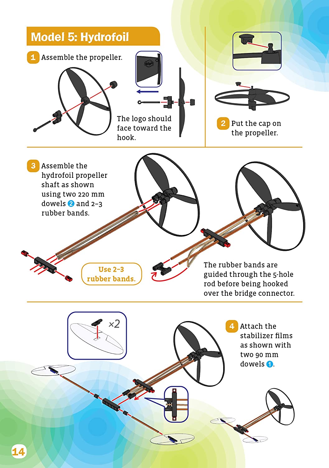 Rubberband Racers Model 5 Hydrofoil assembly steps showing propeller, rubber bands, and stabilizer films.