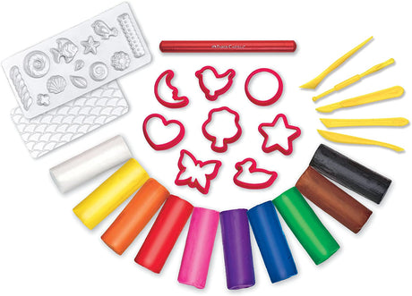 Create with Clay kit with 10 vibrant clay colors, shape cutters, rolling tool, texture plates, and modeling tools in storage case.