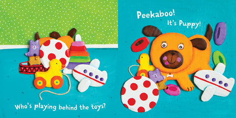 Indestructibles: Peekaboo book showing colorful toys and a playful puppy behind them on a bright blue background.