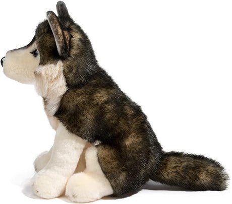 Wolf Atka plush toy with soft realistic fur and golden eyes, perfect for cuddling and adding to your stuffed animal collection.