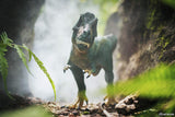 T Rex Green model standing in a forest scene with detailed teeth and claws, perfect for children aged 4-10 years.