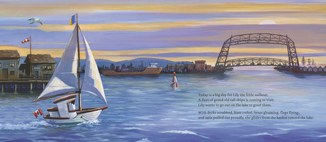 Illustration from Lily Leads the Way showing a small sailboat passing under a lift bridge with tall ships in the harbor.