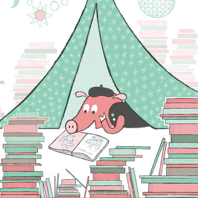 The Book Hog peeks from a tent surrounded by books, enjoying a picture book in a cozy reading nook.