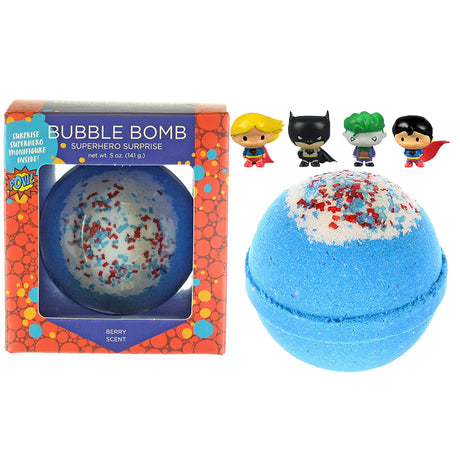 Bubble Bomb | Superhero Surprise berry-scented bath bomb with colorful sprinkles and collectible superhero figures inside.