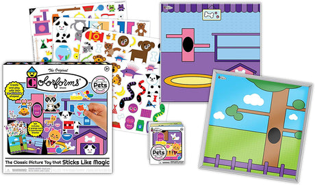 Colorforms Pets playset with 145 re-stickable pieces, 2 play scenes, and storage box for imaginative pet fun.
