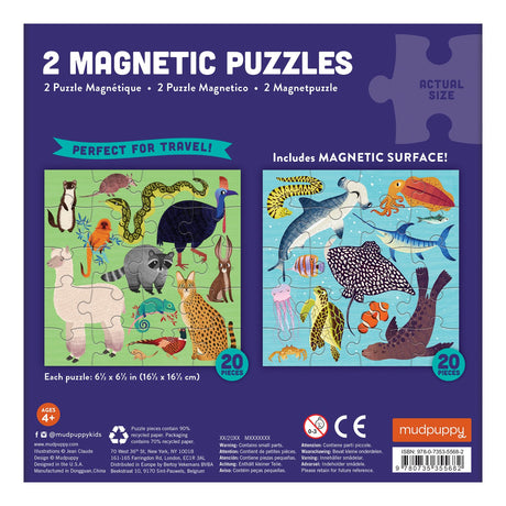 20pc Land & Sea Animals Magnetic Puzzle with 2 travel-friendly 20-piece magnetic puzzles featuring land and sea animals.