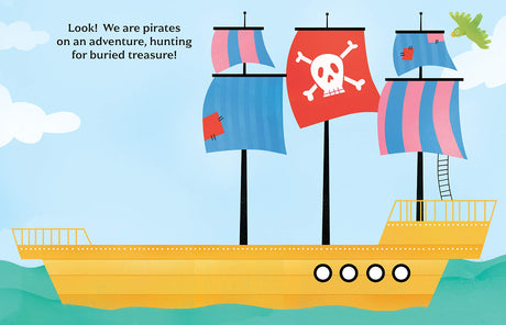 Illustration from A Book About Dad showing a colorful pirate ship on a sea adventure with playful text prompts for kids.