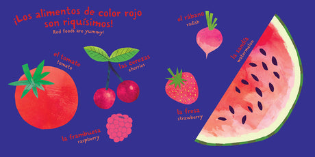 Indestructibles: Bebe, Vamos a Comer! Spanish baby book page with colorful red fruits and vegetables illustrations.