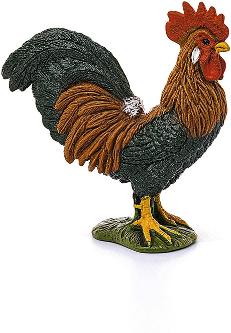 Rooster figurine with detailed comb and feathers, standing on a green base, perfect for kids ages 3-8 years.