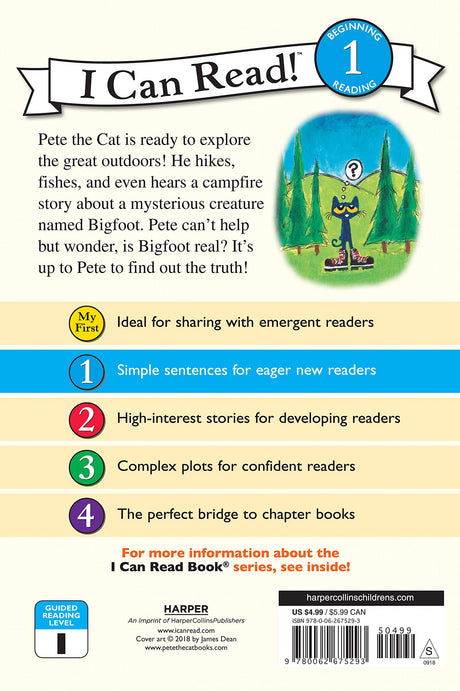 Level 1 Pete the Cat Goes Camping book back cover showing story summary and reading levels for children.