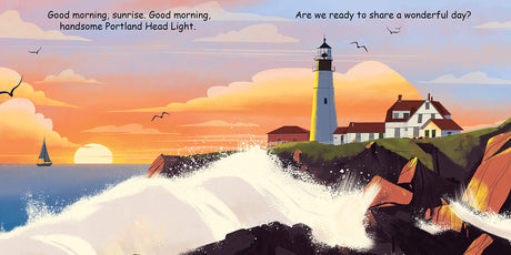 Illustration of Portland Head Light at sunrise with waves and seagulls in Good Night Portland Maine board book.