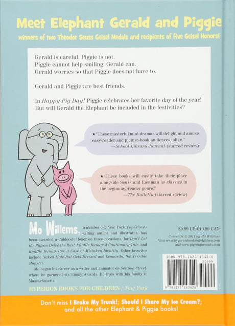Elephant & Piggie Happy Pig Day book back cover featuring Gerald and Piggie with story description and author info.