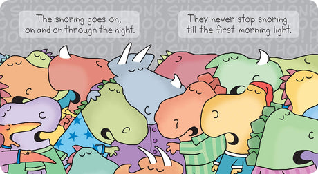 Dinosnores showing colorful dinosaurs in pajamas snoring through the night until morning light in a cozy bedtime scene.