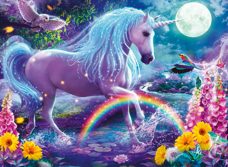 100pc Glitter Unicorn Puzzle showing a sparkling unicorn with rainbow, flowers, and magical forest under a glowing moon.