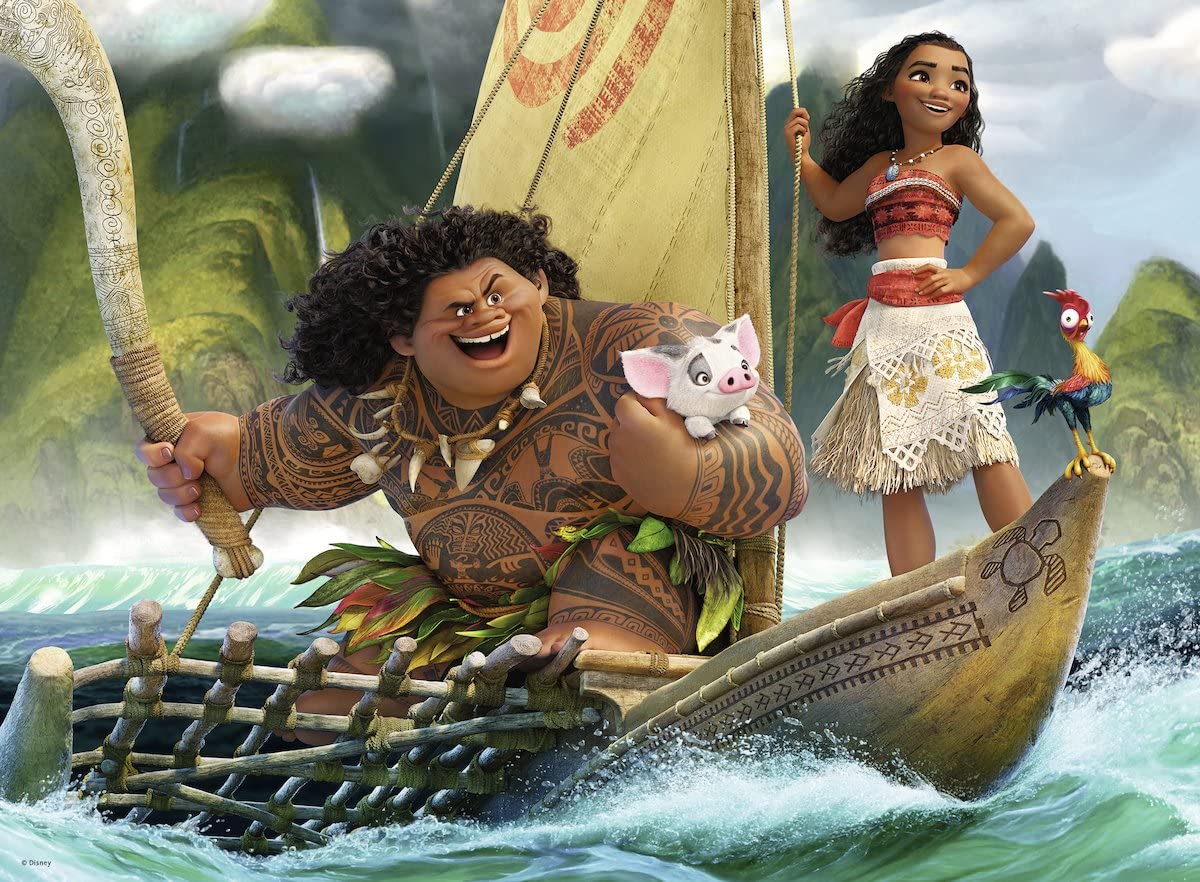 100pc Moana and Maui Puzzle featuring Moana, Maui, and friends on a paddling adventure in the ocean.